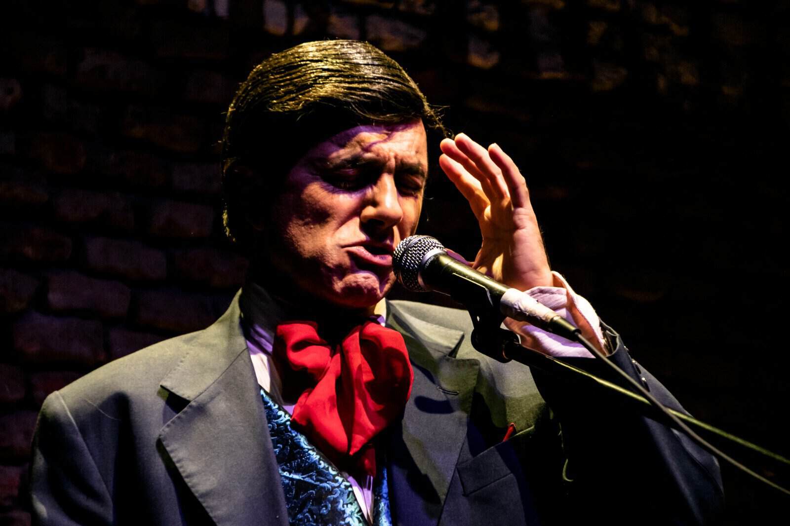 Barítono vestido de charro mexicano cantando en escenario de noche, con fondo oscuro y ladrillos, mostrando pasión en su interpretación.